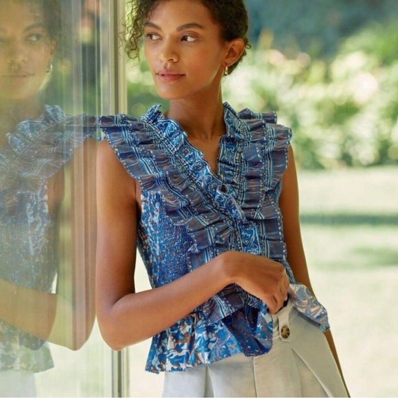Love the Label Blue Ruffled V-Neck Blouse Tank - Picture 1 of 7
